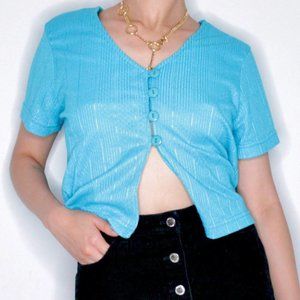 90s Y2K Vintage Button Down Blue Cropped Baby Tee